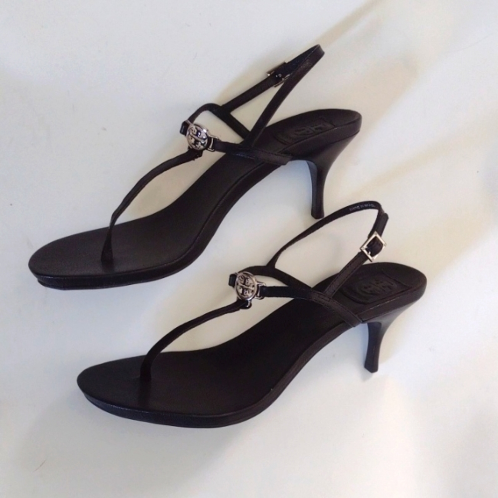 Tory Burch Emmy Sling Back Kitten Heel Sandal 9.5 T-Strap Logo Leather Black